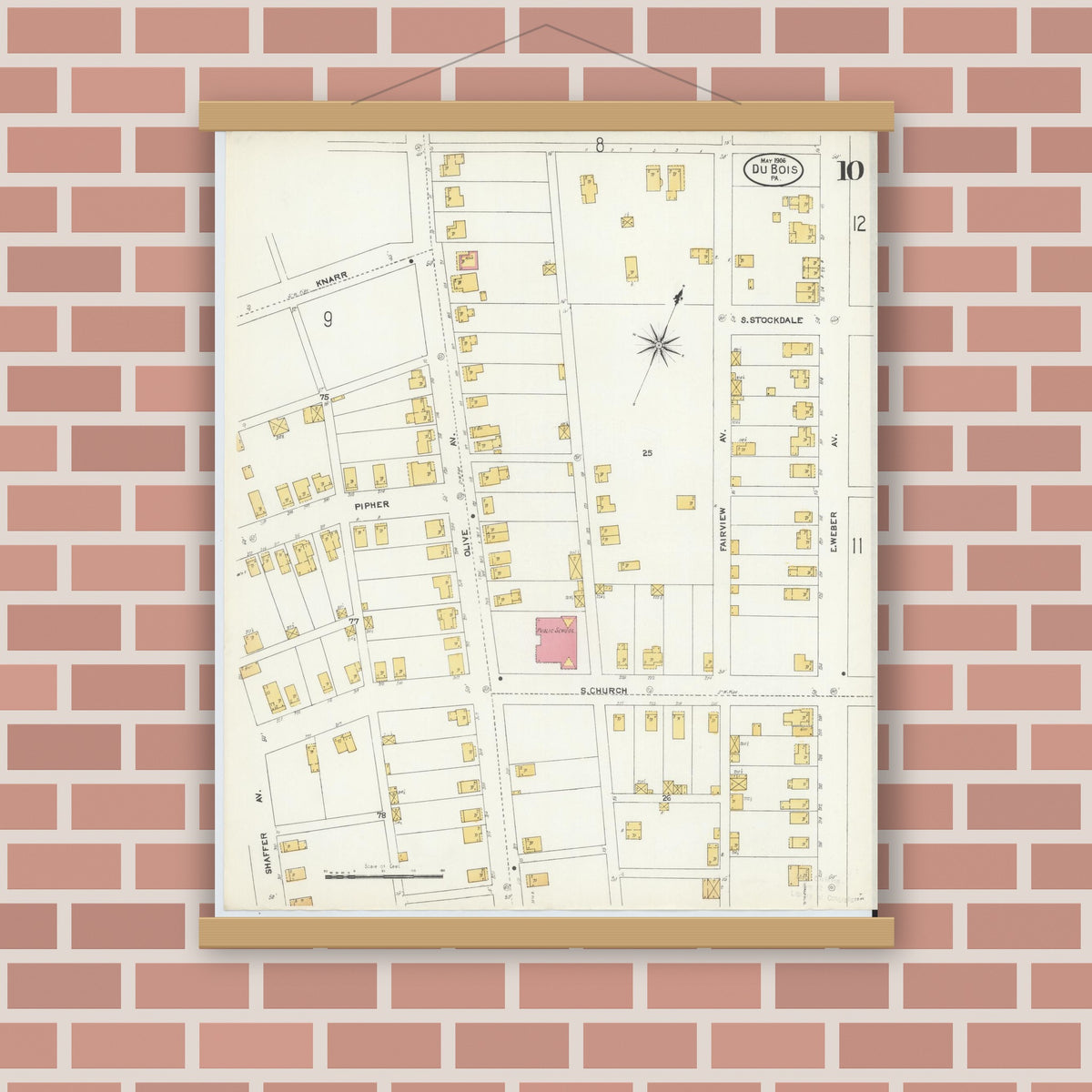 Old map wall art mockup — magnetic wood frame on brick wall — Sanborn Fire Insurance Map from Du Bois, Clearfield County, Pennsylvania (1906), Sheet #0010