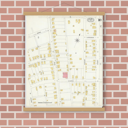 Old map wall art mockup — magnetic wood frame on brick wall — Sanborn Fire Insurance Map from Du Bois, Clearfield County, Pennsylvania (1906), Sheet #0010