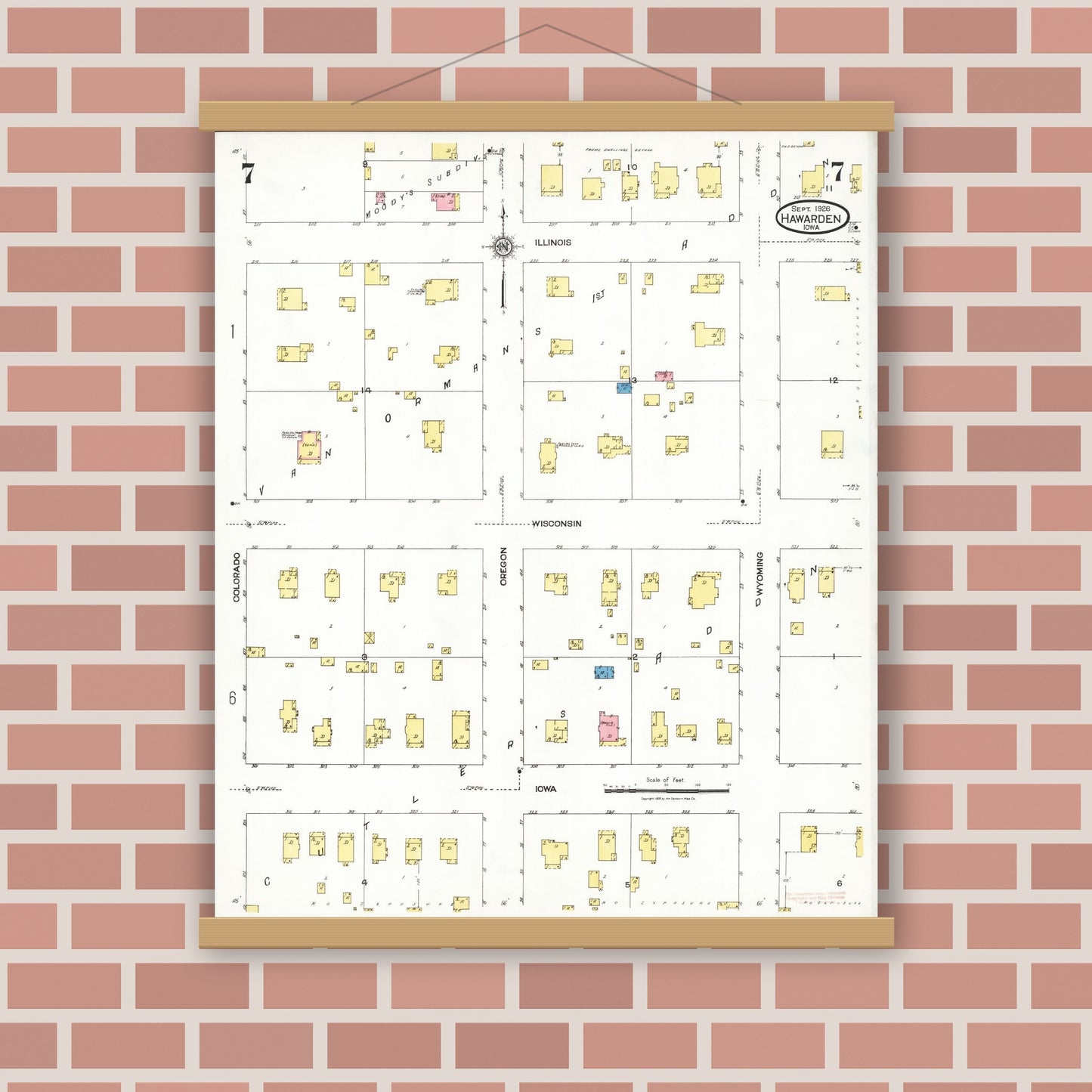 Old map wall art mockup — magnetic wood frame on brick wall — Sanborn Fire Insurance Map from Hawarden, Sioux County, Iowa (1924), Sheet #0007