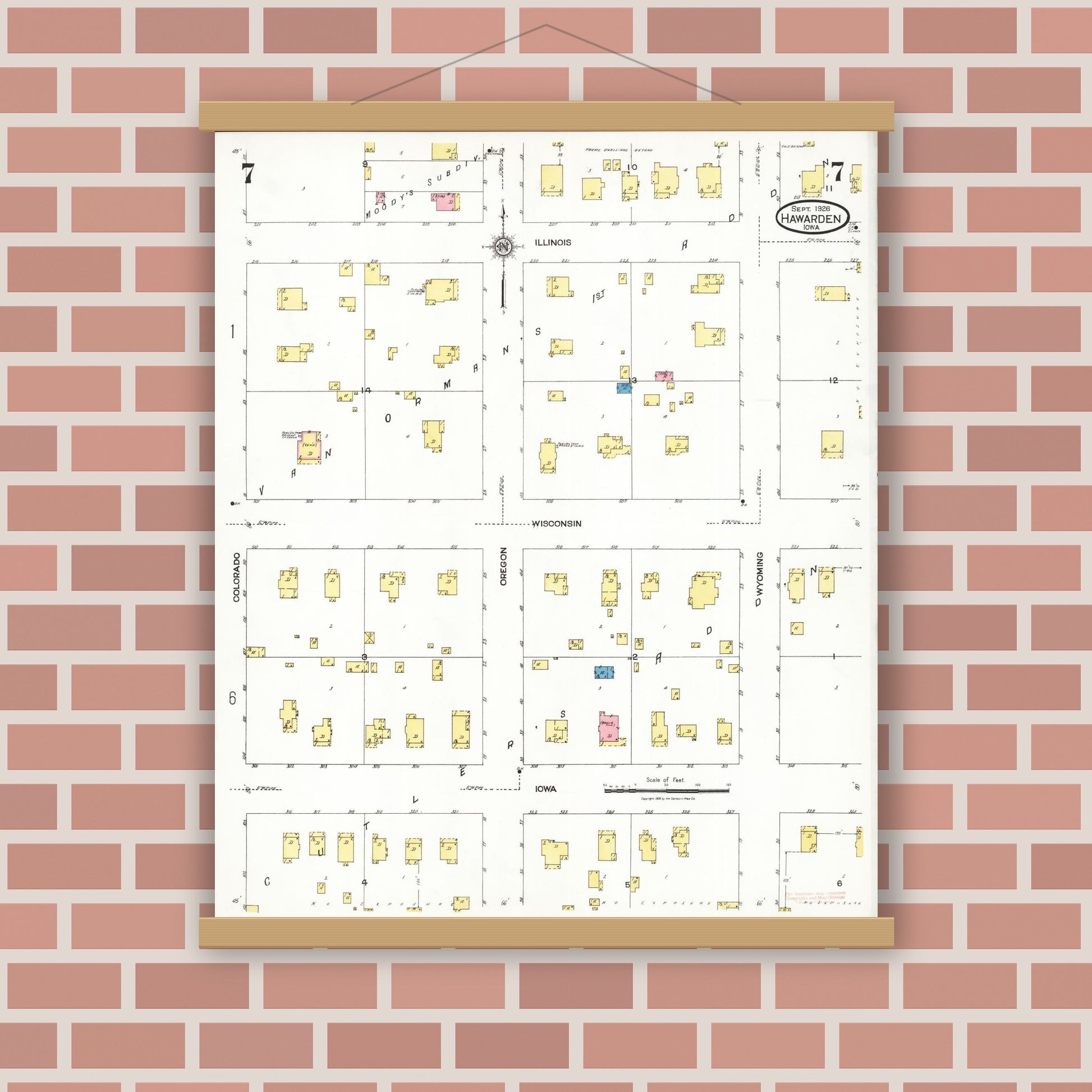 Old map wall art mockup — magnetic wood frame on brick wall — Sanborn Fire Insurance Map from Hawarden, Sioux County, Iowa (1924), Sheet #0007