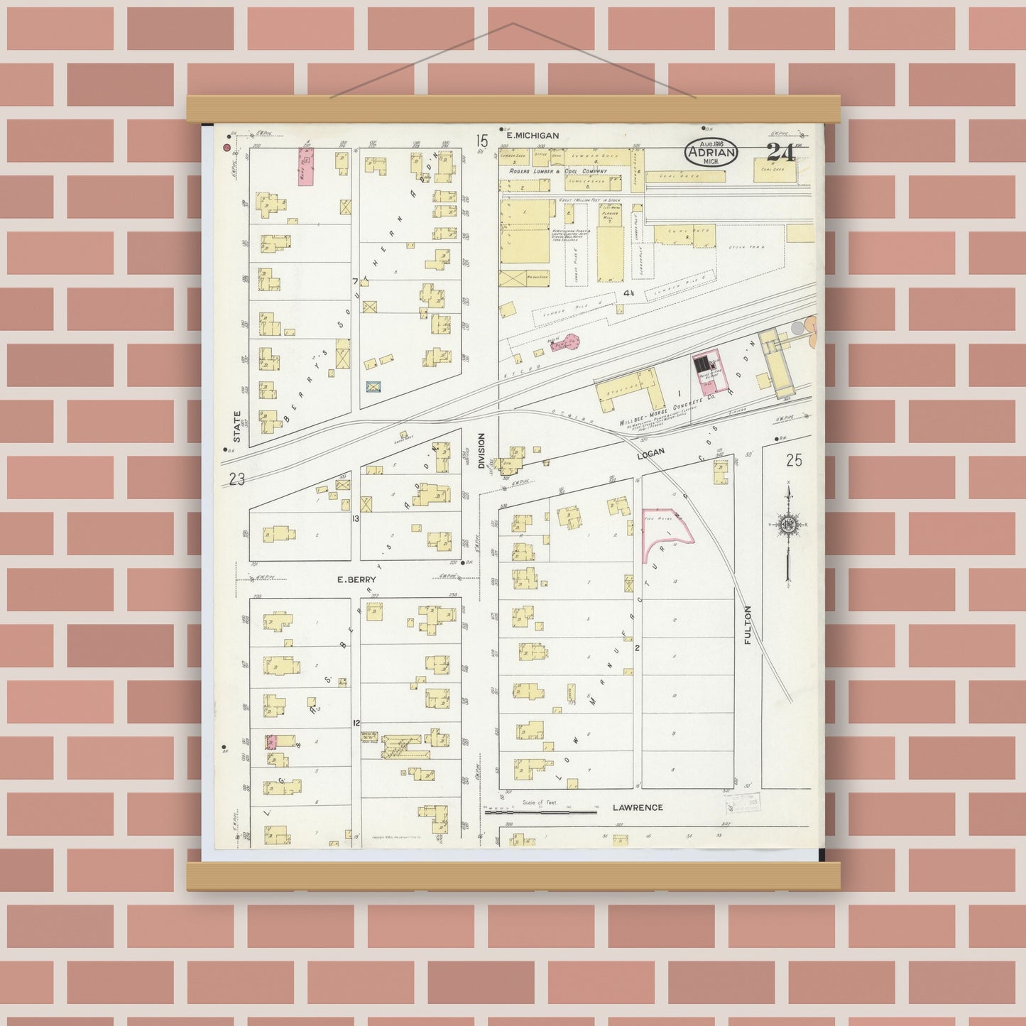 Old map wall art mockup — magnetic wood frame on brick wall — Sanborn Fire Insurance Map from Adrian, Lenawee County, Michigan (1916), Sheet #0024