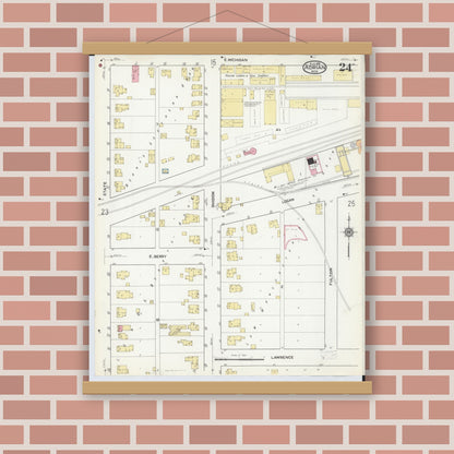 Old map wall art mockup — magnetic wood frame on brick wall — Sanborn Fire Insurance Map from Adrian, Lenawee County, Michigan (1916), Sheet #0024