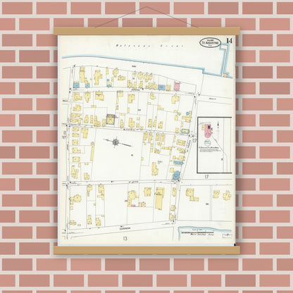 Old map wall art mockup — magnetic wood frame on brick wall — Sanborn Fire Insurance Map from Saint Augustine, Saint John's County, Florida (1910), Sheet #0014