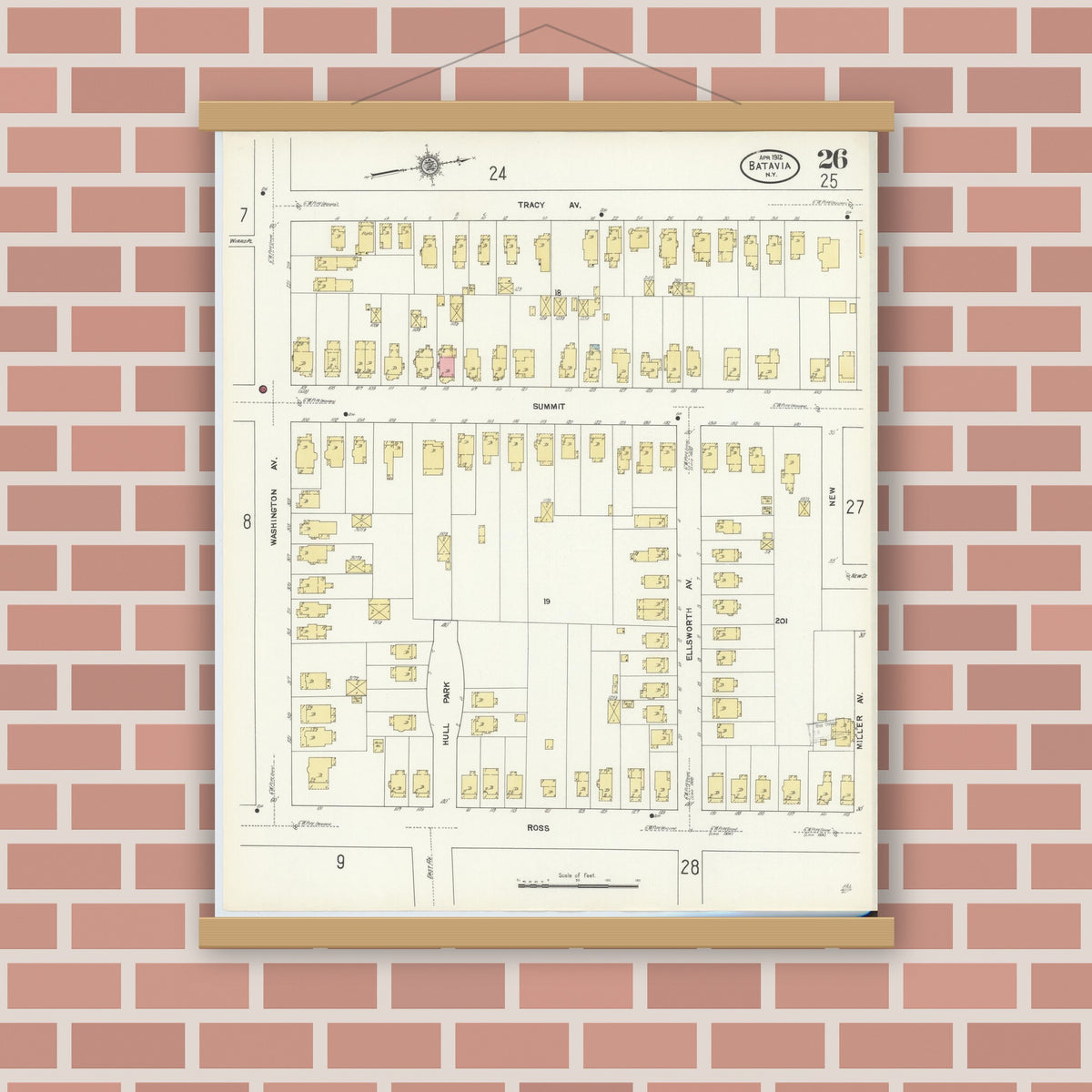 Old map wall art mockup — magnetic wood frame on brick wall — Sanborn Fire Insurance Map from Batavia, Genesee County, New York (1912), Sheet #0026