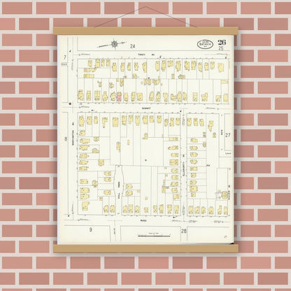 Old map wall art mockup — magnetic wood frame on brick wall — Sanborn Fire Insurance Map from Batavia, Genesee County, New York (1912), Sheet #0026