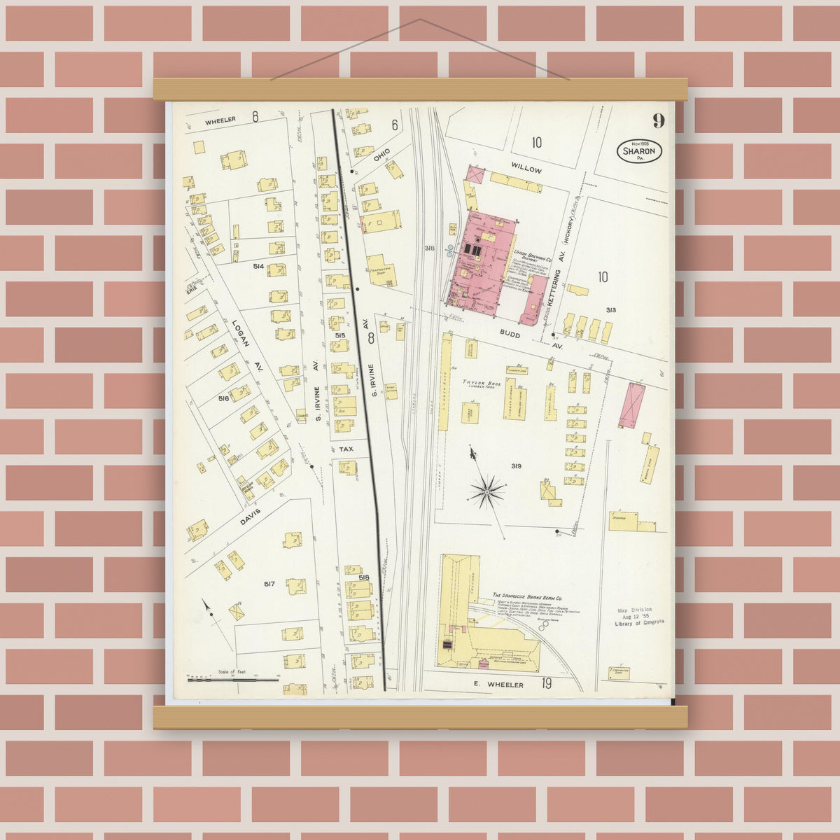 Old map wall art mockup — magnetic wood frame on brick wall — Sanborn Fire Insurance Map from Sharon, Mercer County, Pennsylvania (1908), Sheet #0009