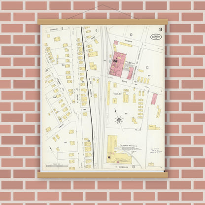 Old map wall art mockup — magnetic wood frame on brick wall — Sanborn Fire Insurance Map from Sharon, Mercer County, Pennsylvania (1908), Sheet #0009
