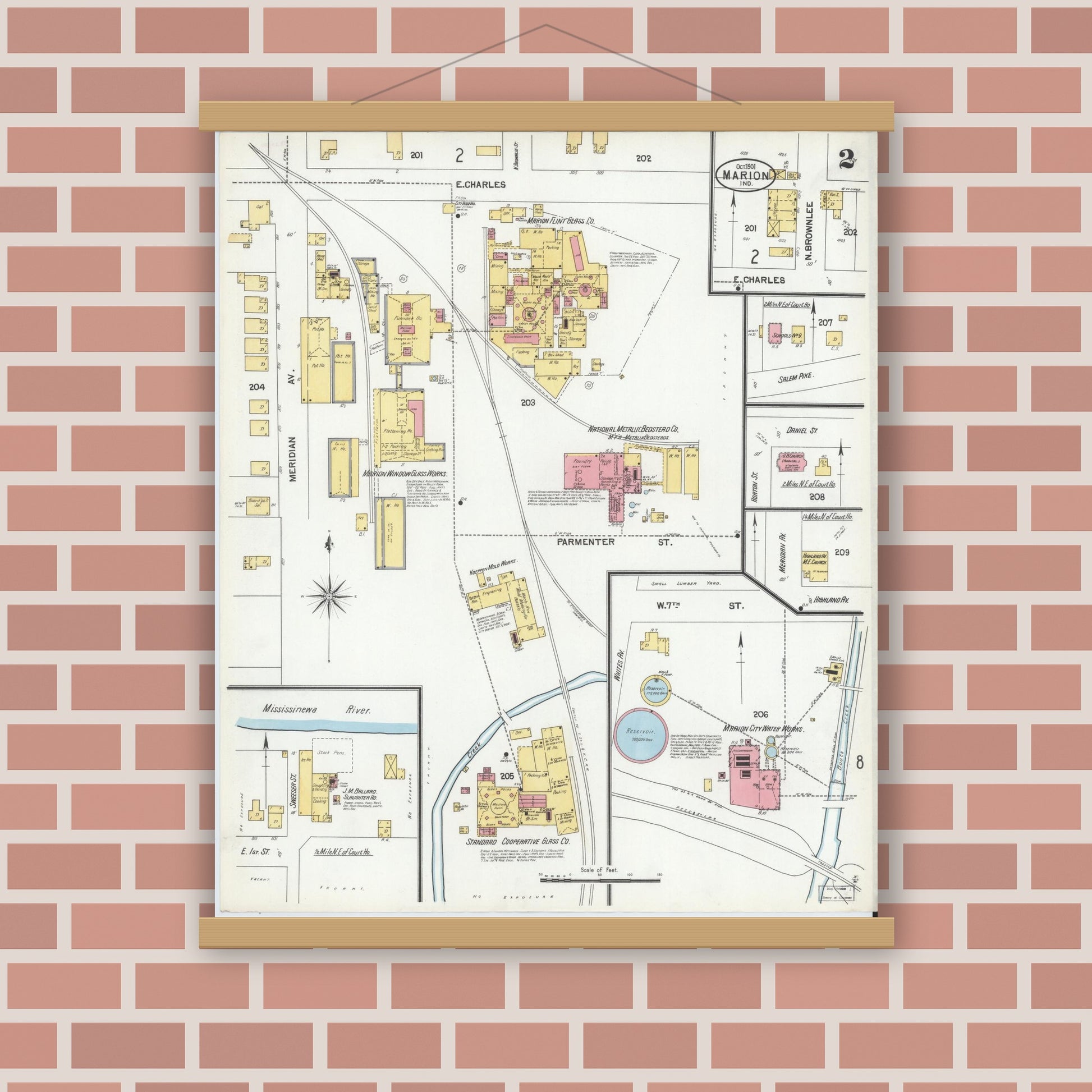 Old map wall art mockup — magnetic wood frame on brick wall — Sanborn Fire Insurance Map from Marion, Grant County, Indiana (1901), Sheet #0002