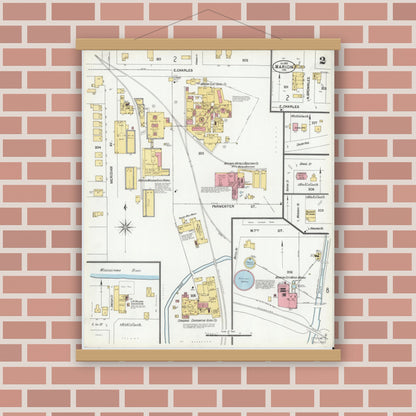 Old map wall art mockup — magnetic wood frame on brick wall — Sanborn Fire Insurance Map from Marion, Grant County, Indiana (1901), Sheet #0002