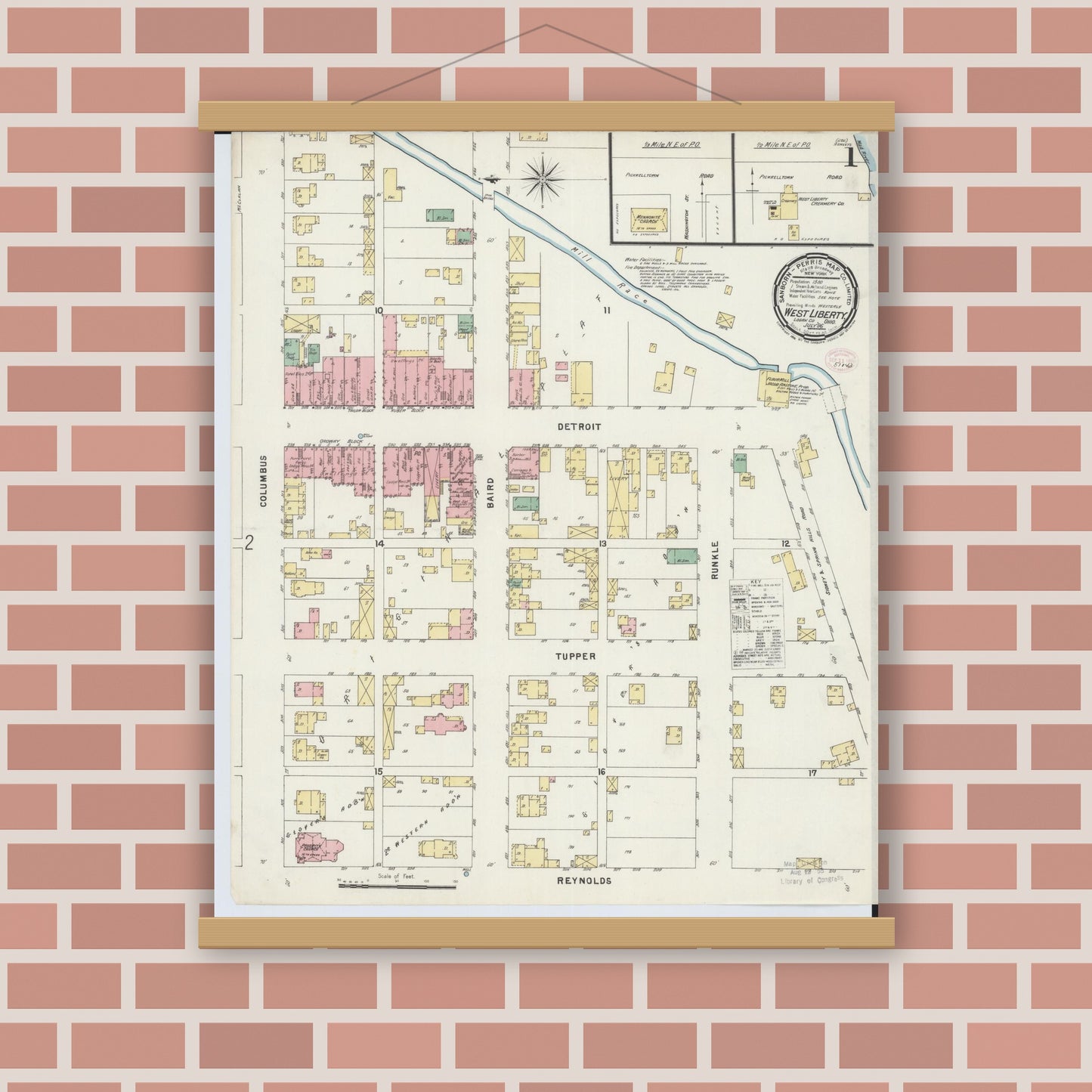 Old map wall art mockup — magnetic wood frame on brick wall — Sanborn Fire Insurance Map from West Liberty, Logan County, Ohio (1896), Sheet #0001
