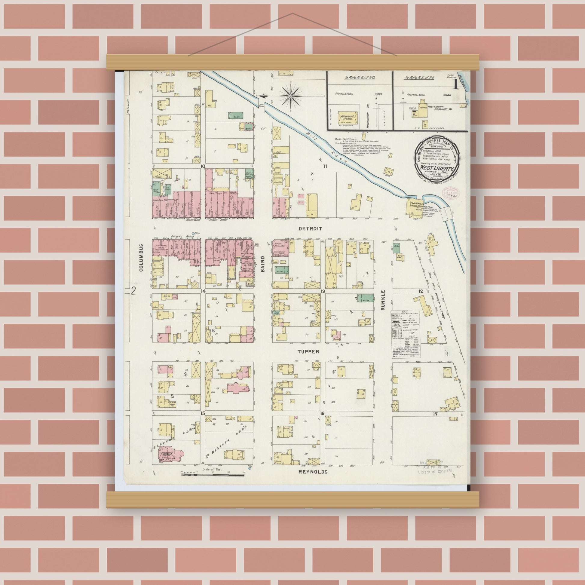 Old map wall art mockup — magnetic wood frame on brick wall — Sanborn Fire Insurance Map from West Liberty, Logan County, Ohio (1896), Sheet #0001