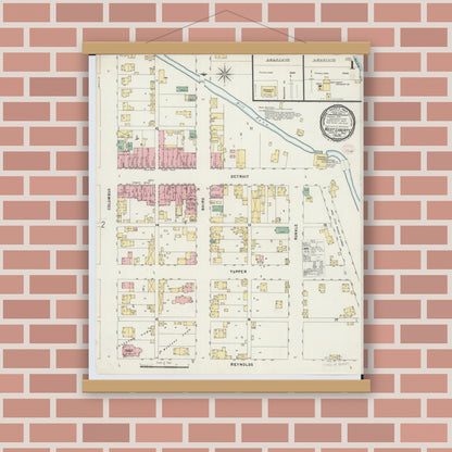 Old map wall art mockup — magnetic wood frame on brick wall — Sanborn Fire Insurance Map from West Liberty, Logan County, Ohio (1896), Sheet #0001