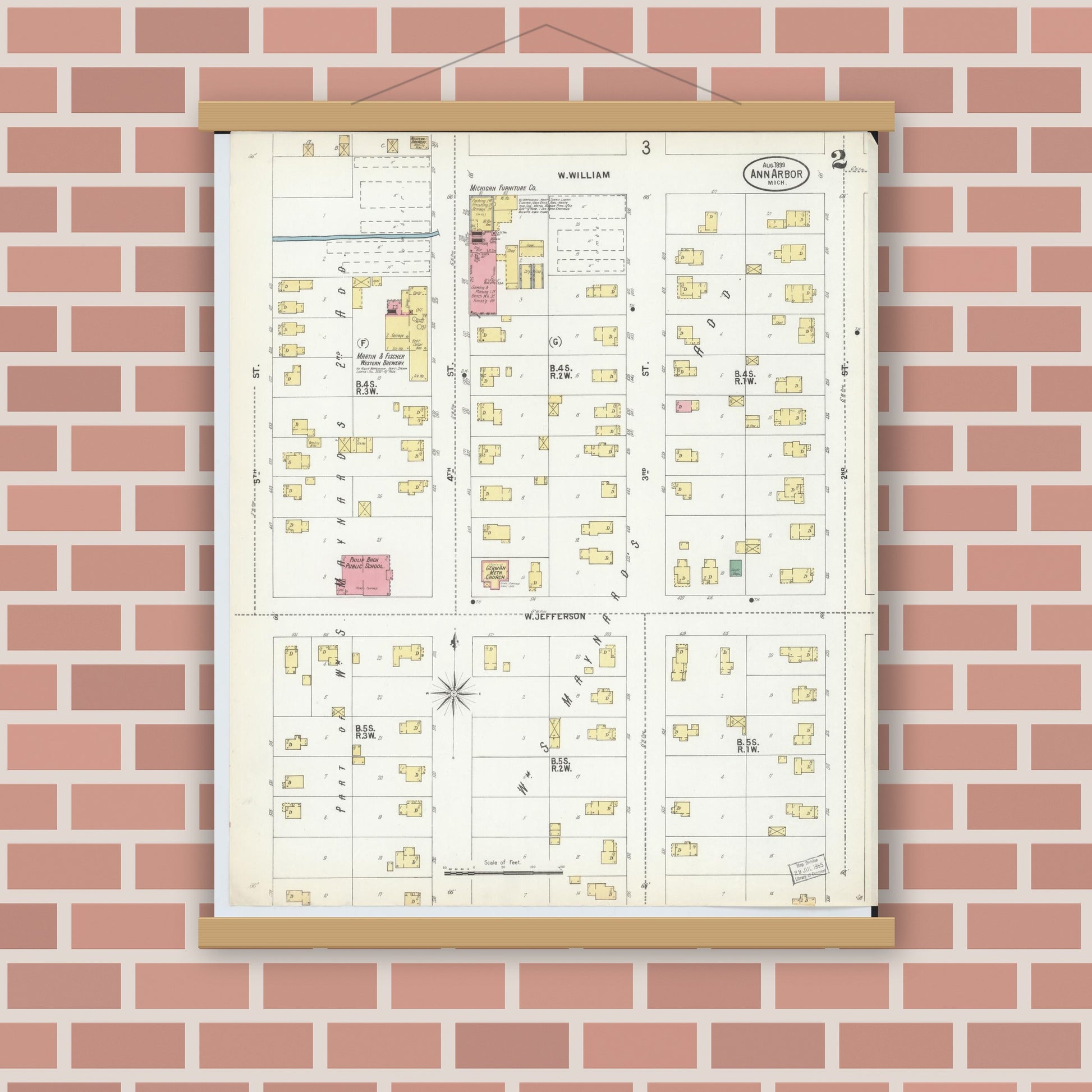 Old map wall art mockup — magnetic wood frame on brick wall — Sanborn Fire Insurance Map from Ann Arbor, Washtenaw County, Michigan (1899), Sheet #0002