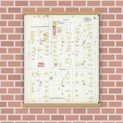 Old map wall art mockup — magnetic wood frame on brick wall — Sanborn Fire Insurance Map from Ann Arbor, Washtenaw County, Michigan (1899), Sheet #0002