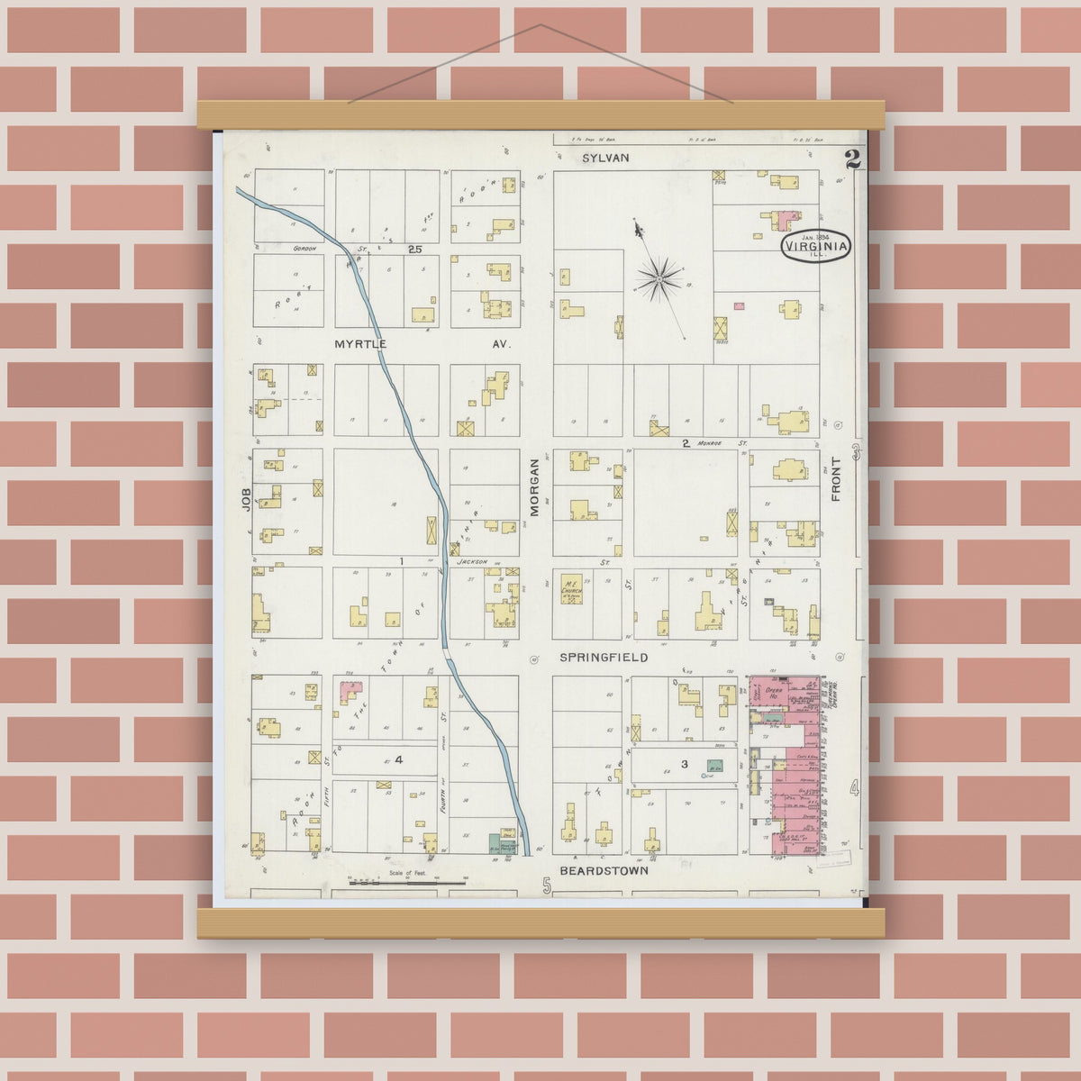 Old map wall art mockup — magnetic wood frame on brick wall — Sanborn Fire Insurance Map from Virginia, Cass County, Illinois (1894), Sheet #0002