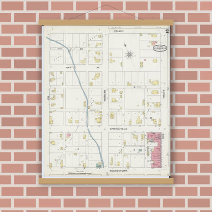 Old map wall art mockup — magnetic wood frame on brick wall — Sanborn Fire Insurance Map from Virginia, Cass County, Illinois (1894), Sheet #0002