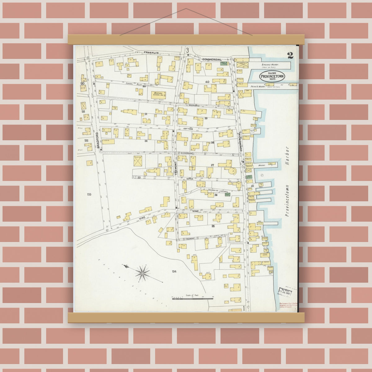 Old map wall art mockup — magnetic wood frame on brick wall — Sanborn Fire Insurance Map from Provincetown, Barnstable County, Massachusetts (1902), Sheet #0002