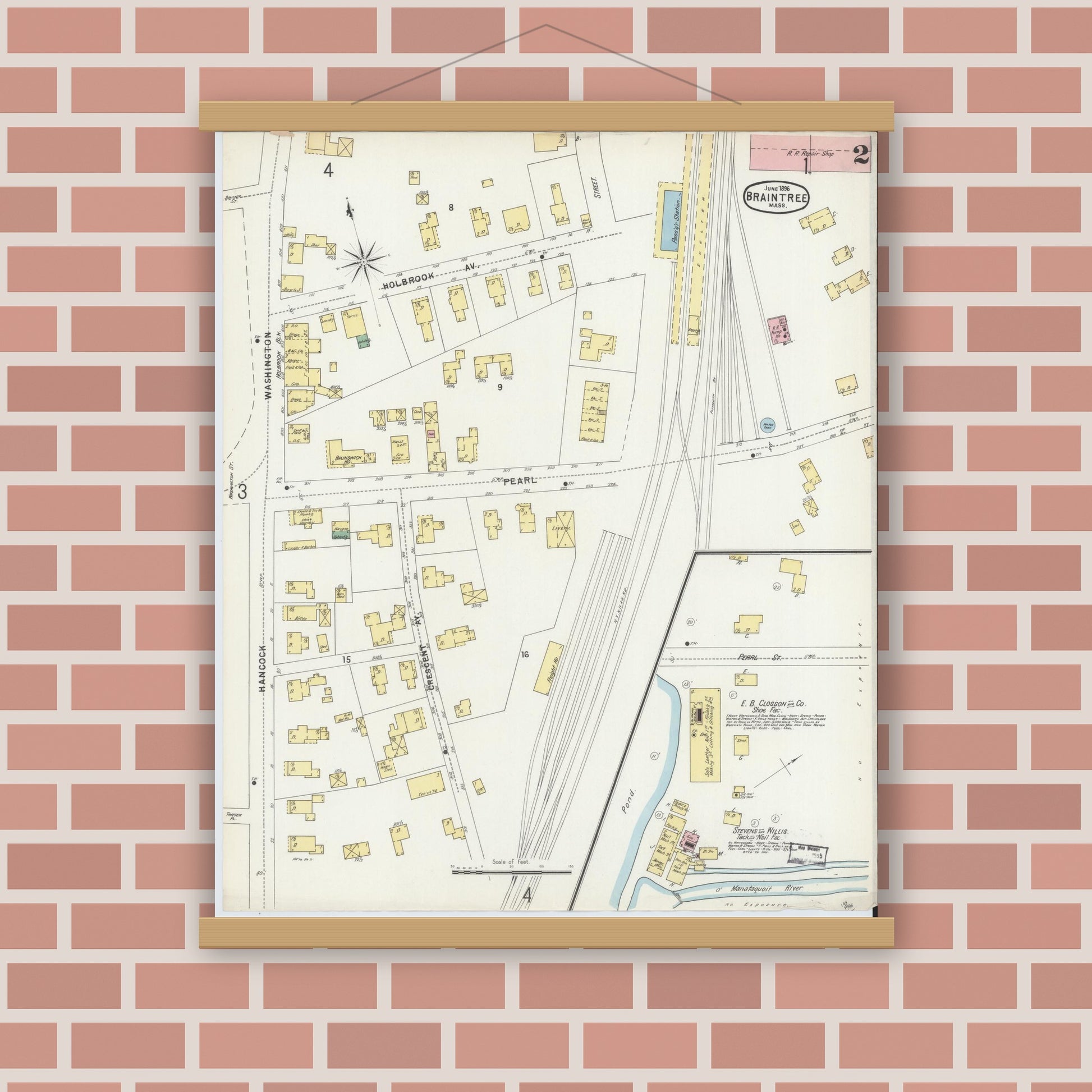 Old map wall art mockup — magnetic wood frame on brick wall — Sanborn Fire Insurance Map from Braintree, Norfolk County, Massachusetts (1896), Sheet #0002