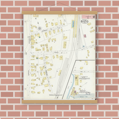 Old map wall art mockup — magnetic wood frame on brick wall — Sanborn Fire Insurance Map from Braintree, Norfolk County, Massachusetts (1896), Sheet #0002