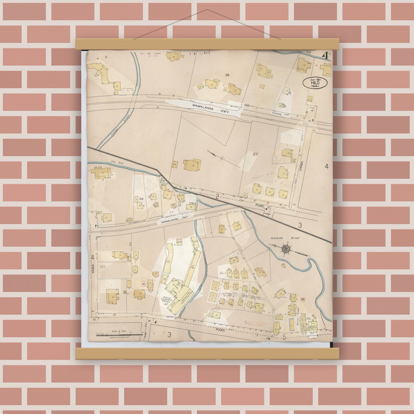 Old map wall art mockup — magnetic wood frame on brick wall — Sanborn Fire Insurance Map from Hilo, Hawaii County, Hawaii (1957), Sheet #0004