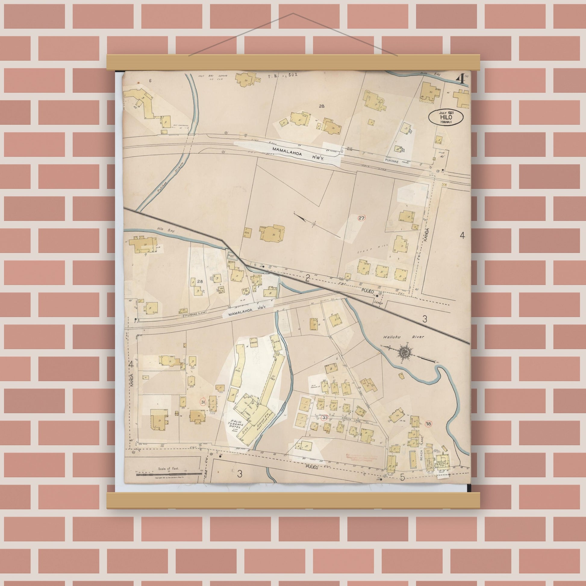 Old map wall art mockup — magnetic wood frame on brick wall — Sanborn Fire Insurance Map from Hilo, Hawaii County, Hawaii (1957), Sheet #0004