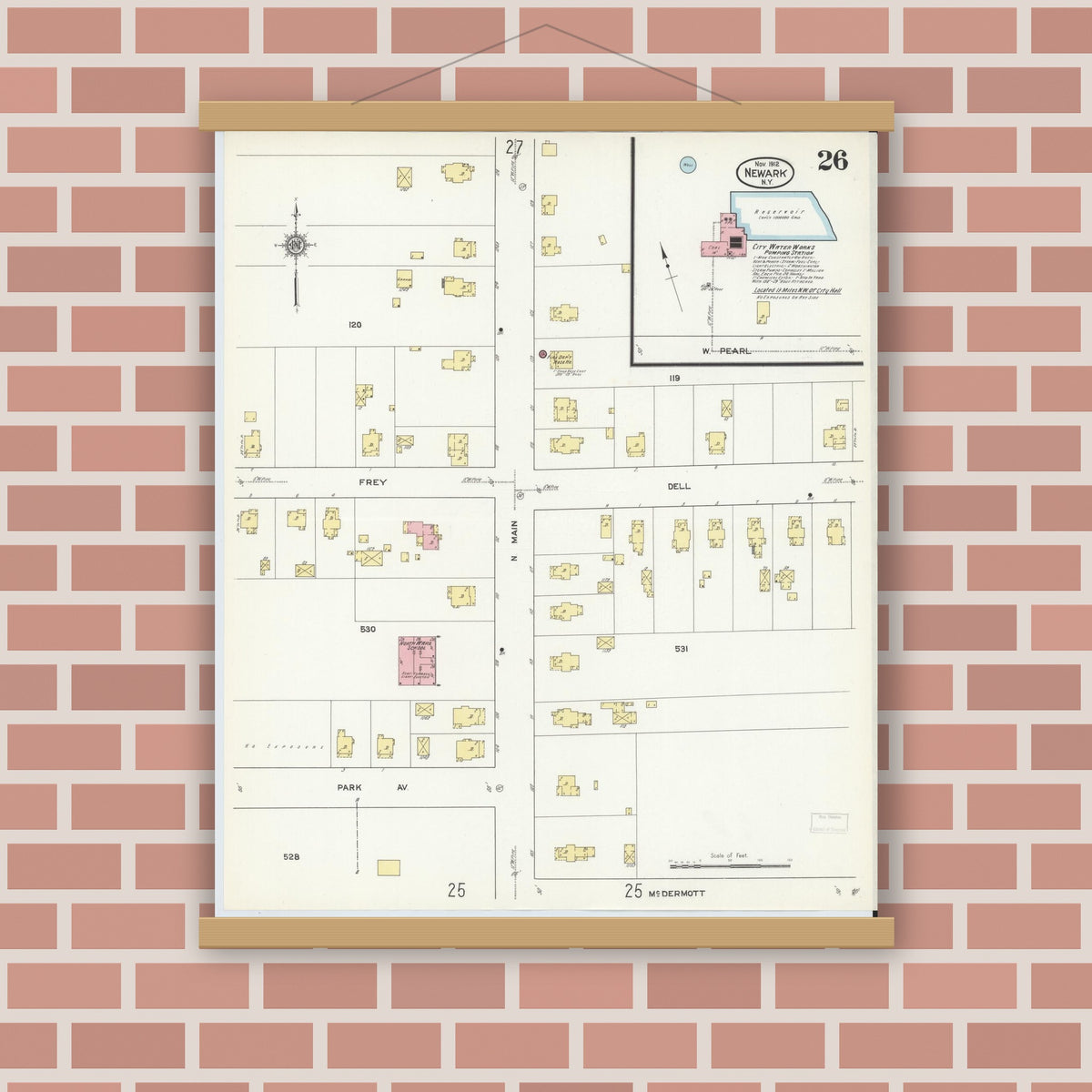 Old map wall art mockup — magnetic wood frame on brick wall — Sanborn Fire Insurance Map from Newark, Wayne County, New York (1912), Sheet #0026
