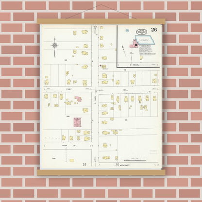 Old map wall art mockup — magnetic wood frame on brick wall — Sanborn Fire Insurance Map from Newark, Wayne County, New York (1912), Sheet #0026