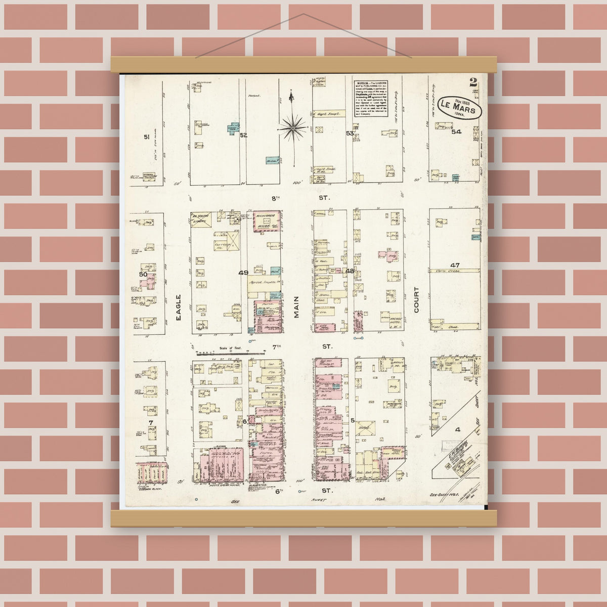 Old map wall art mockup — magnetic wood frame on brick wall — Sanborn Fire Insurance Map from Le Mars, Plymouth County, Iowa (1883), Sheet #0002