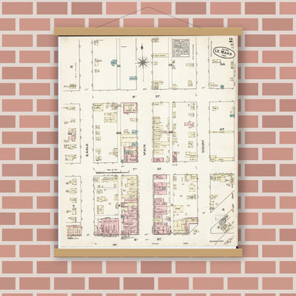 Old map wall art mockup — magnetic wood frame on brick wall — Sanborn Fire Insurance Map from Le Mars, Plymouth County, Iowa (1883), Sheet #0002