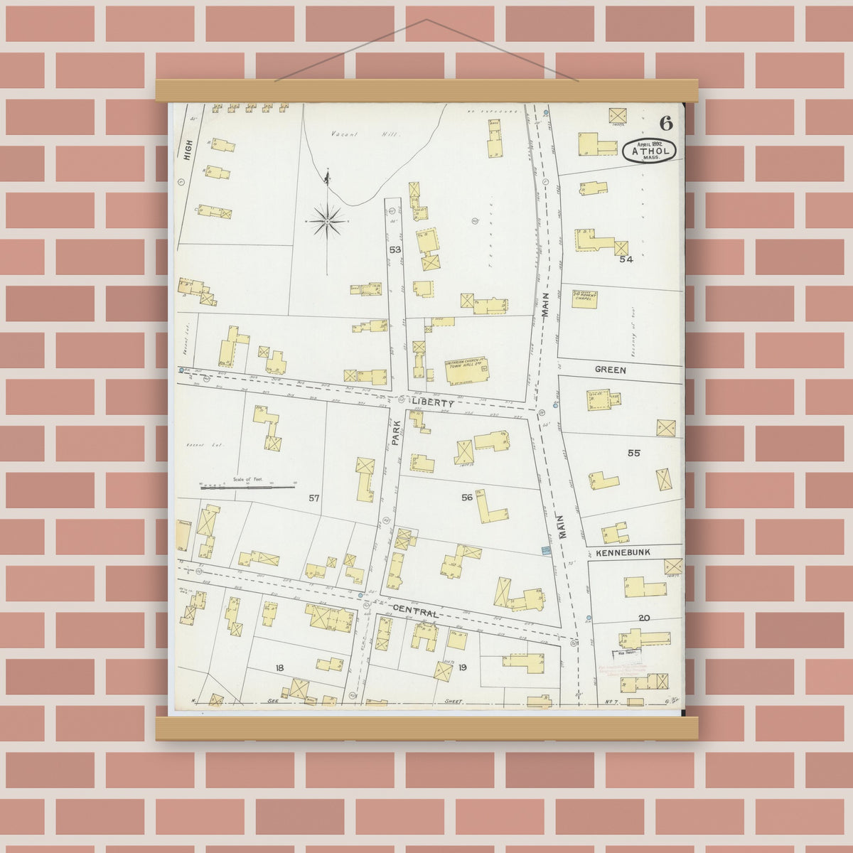 Old map wall art mockup — magnetic wood frame on brick wall — Sanborn Fire Insurance Map from Athol, Worcester County, Massachusetts (1892), Sheet #0006