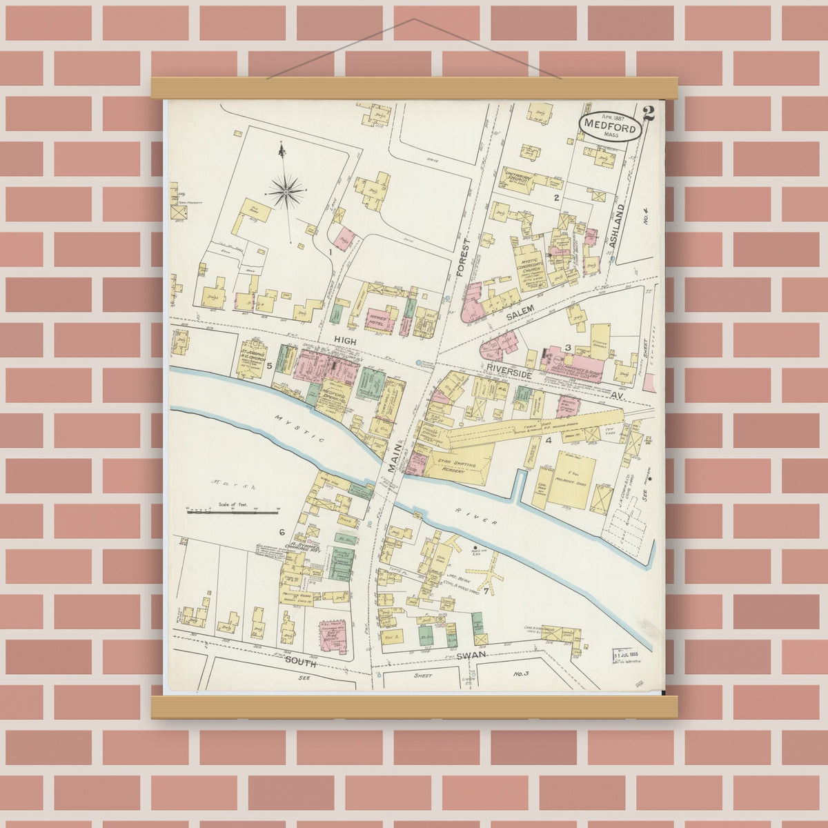 Old map wall art mockup — magnetic wood frame on brick wall — Sanborn Fire Insurance Map from Medford, Middlesex County, Massachusetts (1887), Sheet #0002