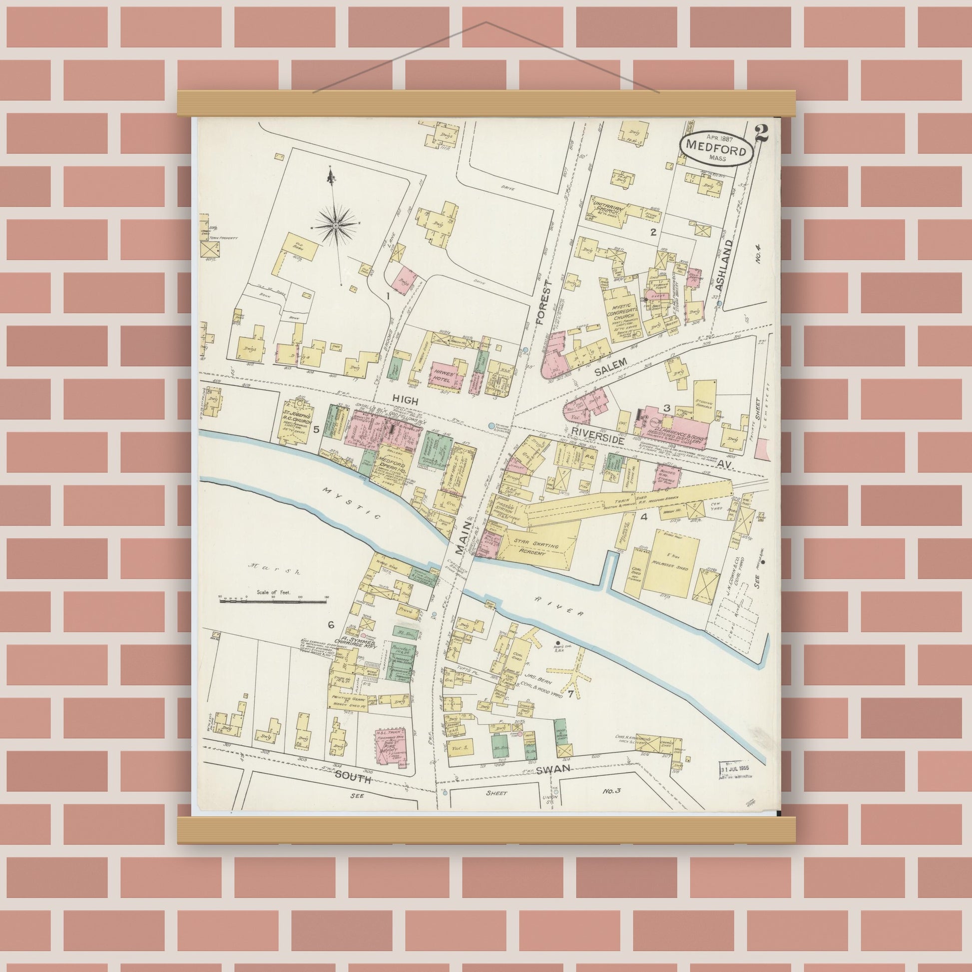Old map wall art mockup — magnetic wood frame on brick wall — Sanborn Fire Insurance Map from Medford, Middlesex County, Massachusetts (1887), Sheet #0002