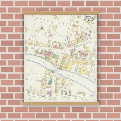 Old map wall art mockup — magnetic wood frame on brick wall — Sanborn Fire Insurance Map from Medford, Middlesex County, Massachusetts (1887), Sheet #0002