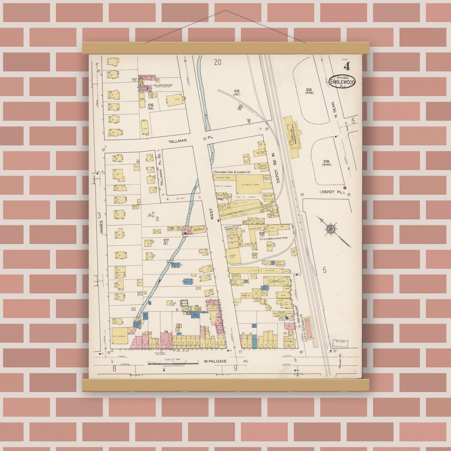 Old map wall art mockup — magnetic wood frame on brick wall — Sanborn Fire Insurance Map from Englewood, Bergen County, New Jersey (1922), Sheet #0004