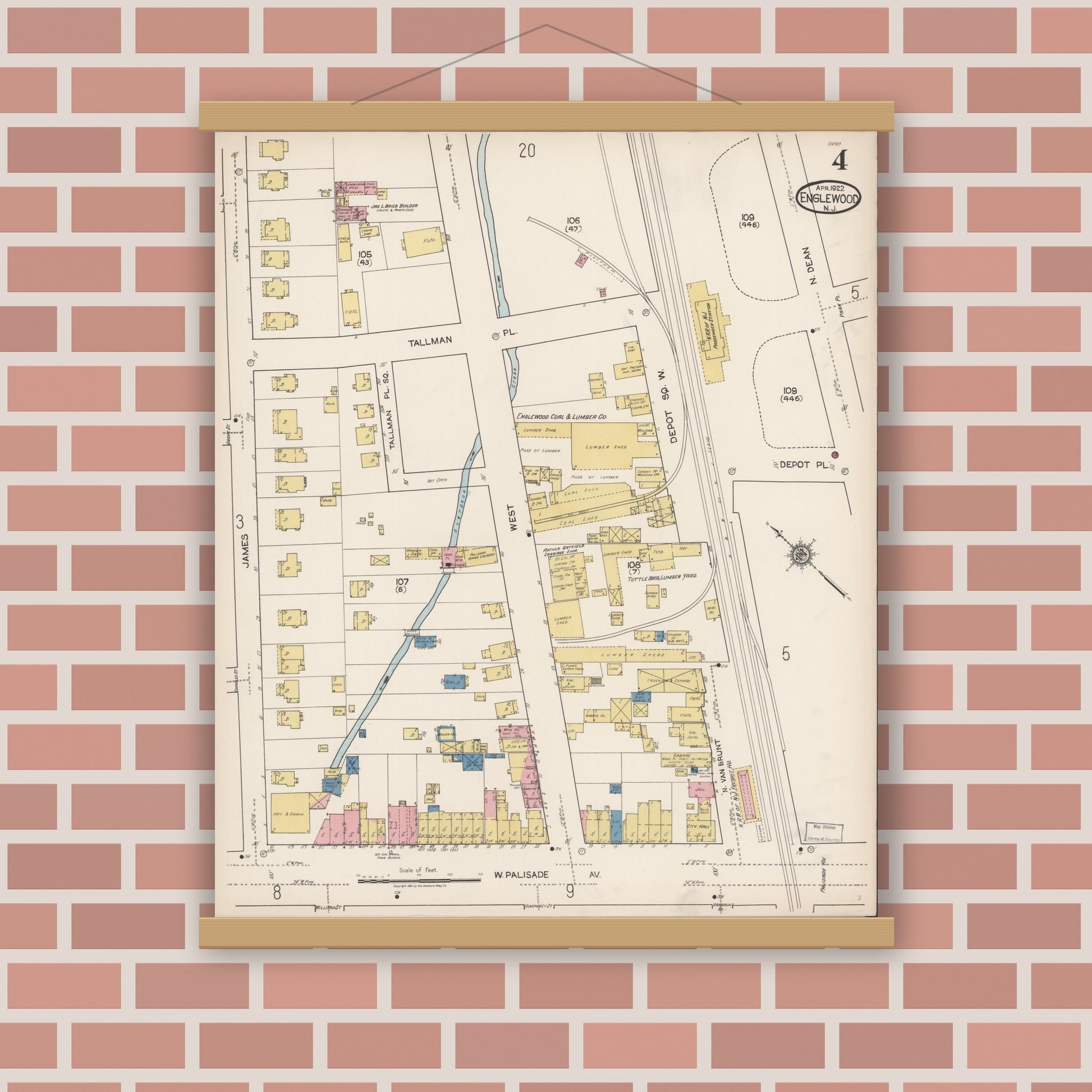 Old map wall art mockup — magnetic wood frame on brick wall — Sanborn Fire Insurance Map from Englewood, Bergen County, New Jersey (1922), Sheet #0004