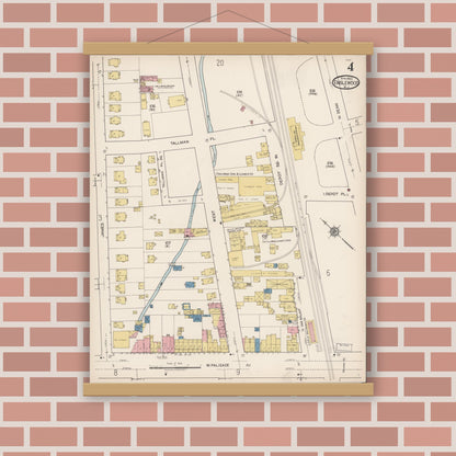 Old map wall art mockup — magnetic wood frame on brick wall — Sanborn Fire Insurance Map from Englewood, Bergen County, New Jersey (1922), Sheet #0004