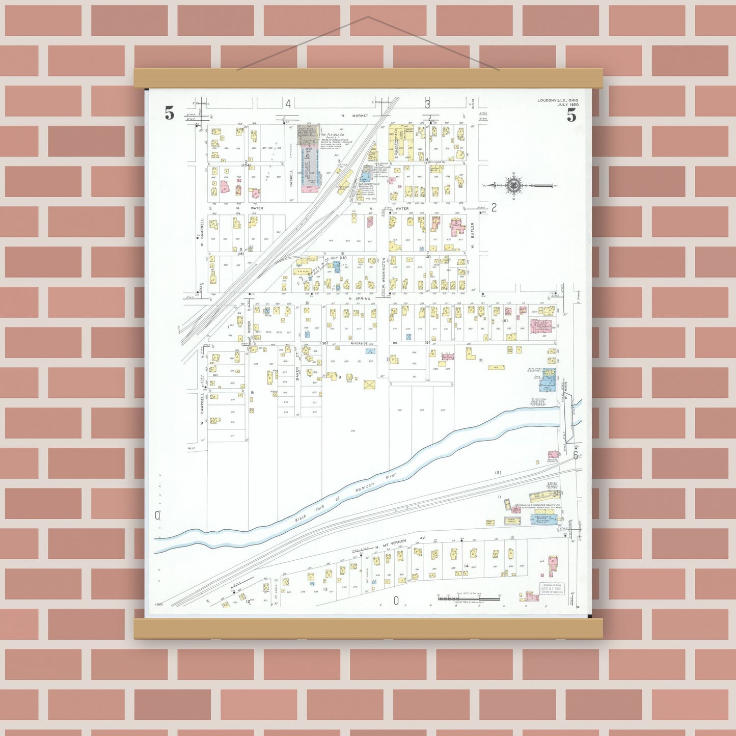 Old map wall art mockup — magnetic wood frame on brick wall — Sanborn Fire Insurance Map from Loudonville, Ashland County, Ohio (1950), Sheet #0005