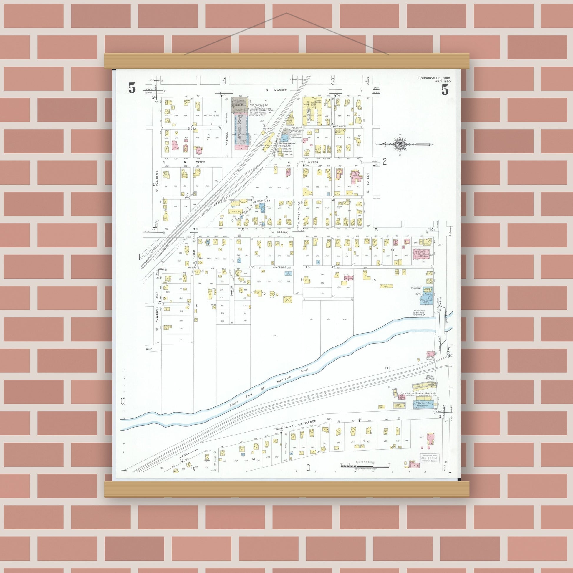Old map wall art mockup — magnetic wood frame on brick wall — Sanborn Fire Insurance Map from Loudonville, Ashland County, Ohio (1950), Sheet #0005