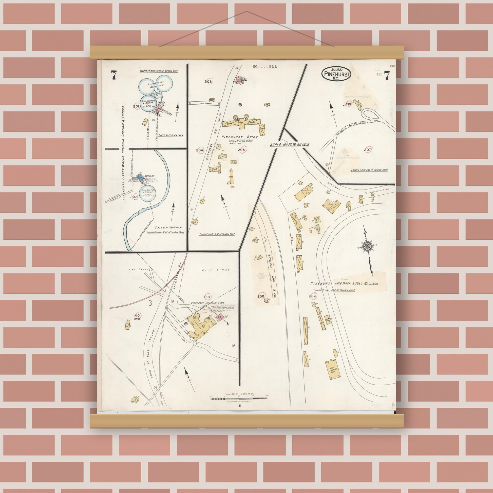 Old map wall art mockup — magnetic wood frame on brick wall — Sanborn Fire Insurance Map from Pinehurst, Moore County, North Carolina (1939), Sheet #0007