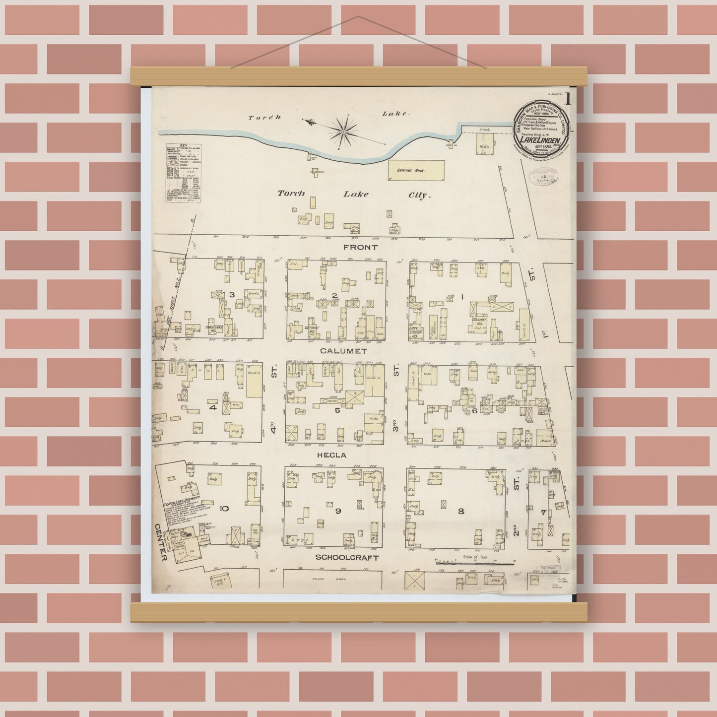 Old map wall art mockup — magnetic wood frame on brick wall — Sanborn Fire Insurance Map from Lake Linden, Houghton County, Michigan (1885) - Complete Map Set