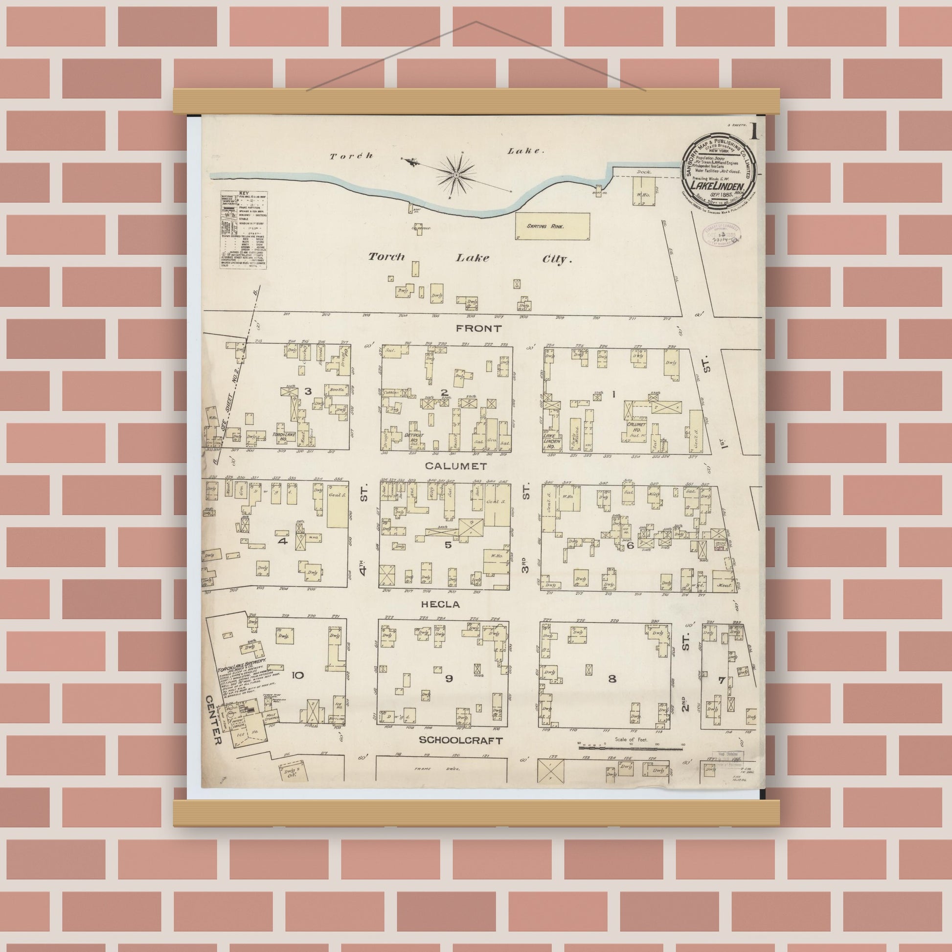 Old map wall art mockup — magnetic wood frame on brick wall — Sanborn Fire Insurance Map from Lake Linden, Houghton County, Michigan (1885) - Complete Map Set