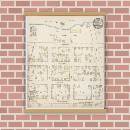 Old map wall art mockup — magnetic wood frame on brick wall — Sanborn Fire Insurance Map from Lake Linden, Houghton County, Michigan (1885) - Complete Map Set