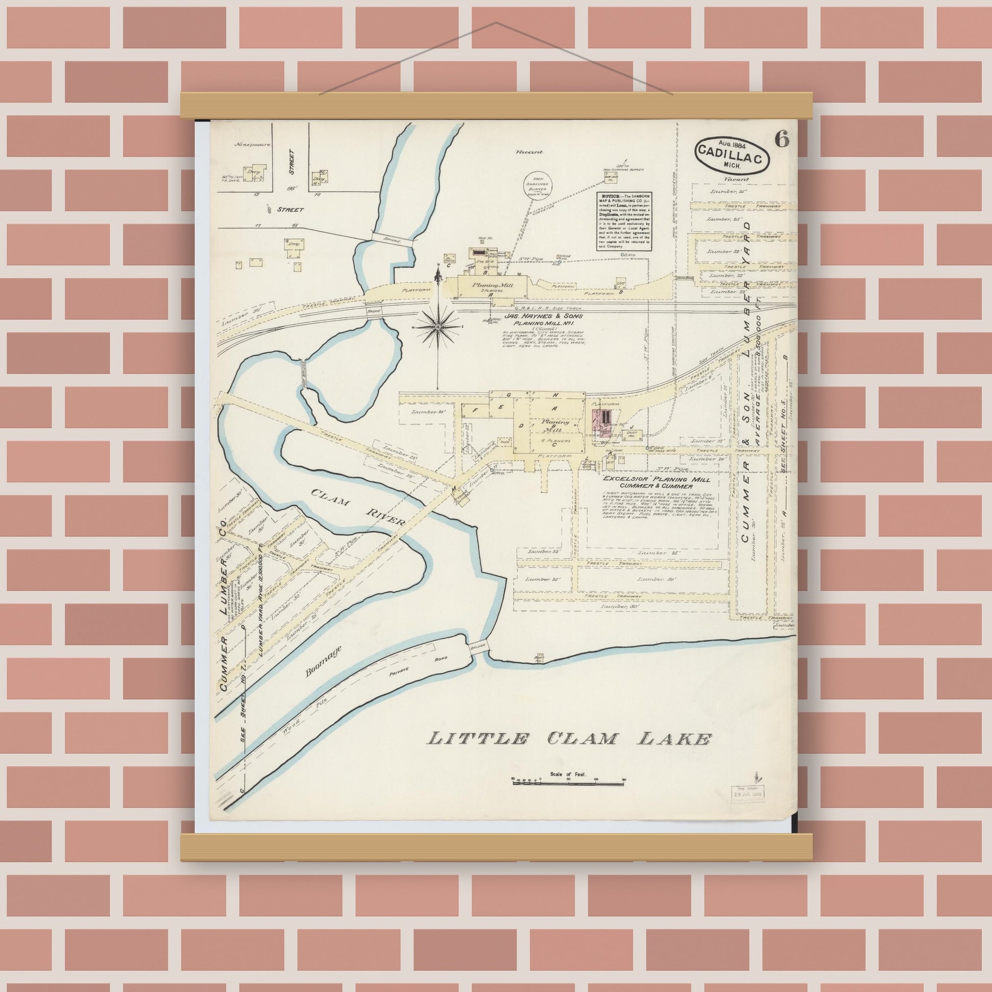 Old map wall art mockup — magnetic wood frame on brick wall — Sanborn Fire Insurance Map from Cadillac, Wexford County, Michigan (1884), Sheet #0006