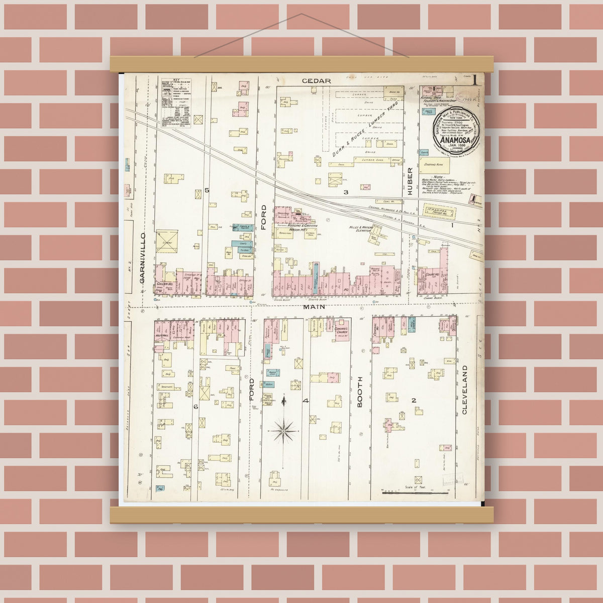 Old map wall art mockup — magnetic wood frame on brick wall — Sanborn Fire Insurance Map from Anamosa, Jones County, Iowa (1886), Sheet #0001