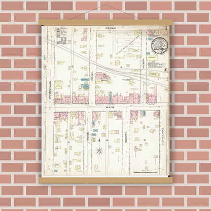 Old map wall art mockup — magnetic wood frame on brick wall — Sanborn Fire Insurance Map from Anamosa, Jones County, Iowa (1886), Sheet #0001