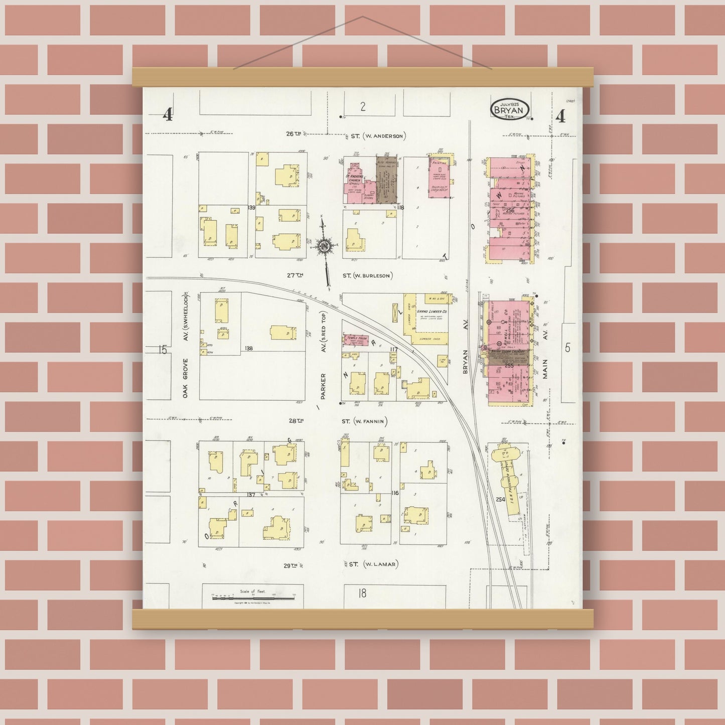 Old map wall art mockup — magnetic wood frame on brick wall — Sanborn Fire Insurance Map from Bryan, Brazos County, Texas (1925), Sheet #0004