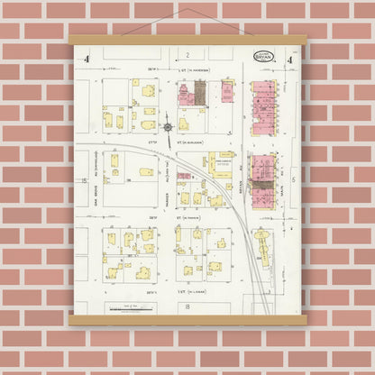 Old map wall art mockup — magnetic wood frame on brick wall — Sanborn Fire Insurance Map from Bryan, Brazos County, Texas (1925), Sheet #0004