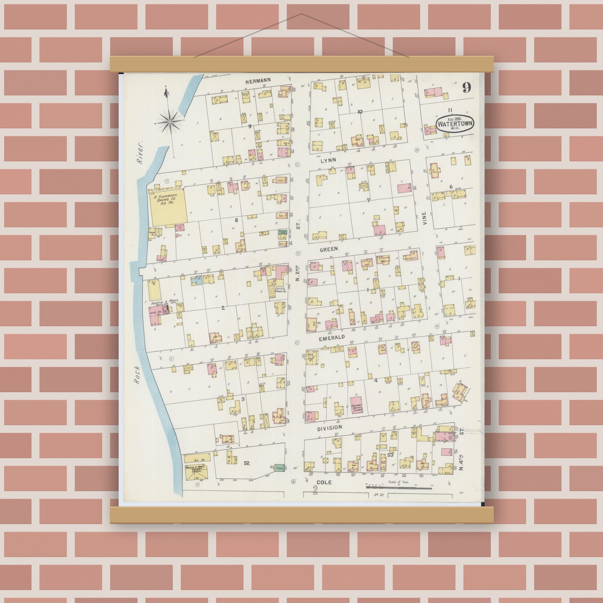 Old map wall art mockup — magnetic wood frame on brick wall — Sanborn Fire Insurance Map from Watertown, Jefferson County, Wisconsin (1895), Sheet #0009