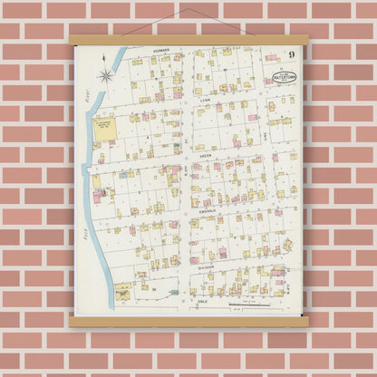 Old map wall art mockup — magnetic wood frame on brick wall — Sanborn Fire Insurance Map from Watertown, Jefferson County, Wisconsin (1895), Sheet #0009