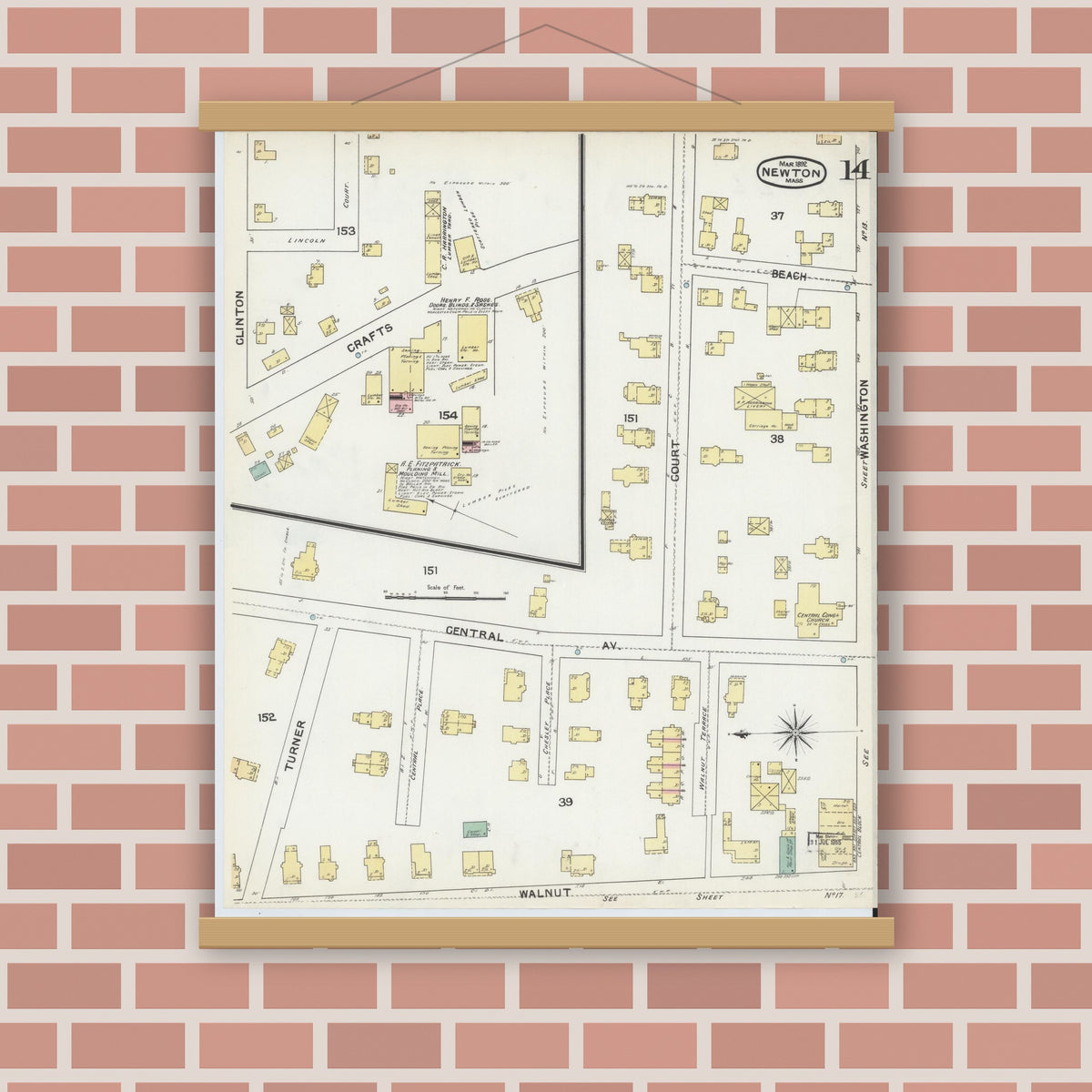 Old map wall art mockup — magnetic wood frame on brick wall — Sanborn Fire Insurance Map from Newton, Middlesex County, Massachusetts (1892), Sheet #0014